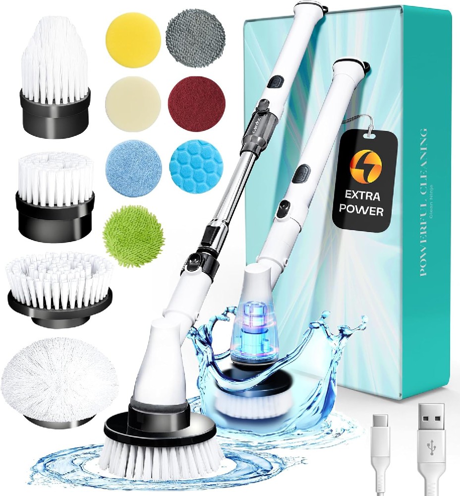 Electric rotary scrubber Cordless - Electric scrubber for cleaning 11 interchangeable heads - Bathroom scrubber Electric bathtub scrubber with long handle (white/black)